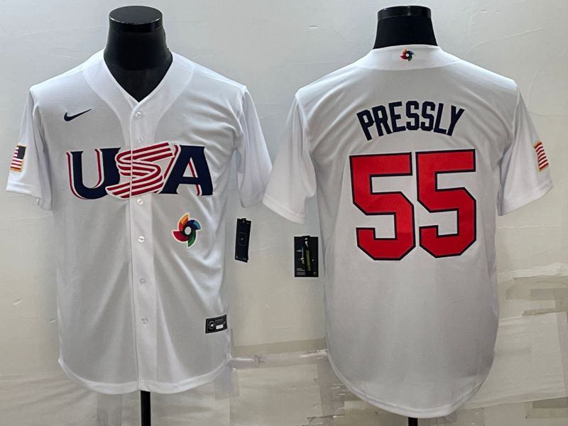 Men 2023 World Cub USA #55 Pressly White Nike MLB Jersey6